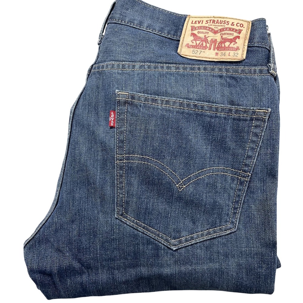 Levis 527 Bootcut Jeans Mens 34x32 Blue Medium Wash Denim Pants Casual Whisker